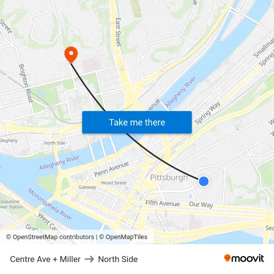 Centre Ave + Miller to North Side map