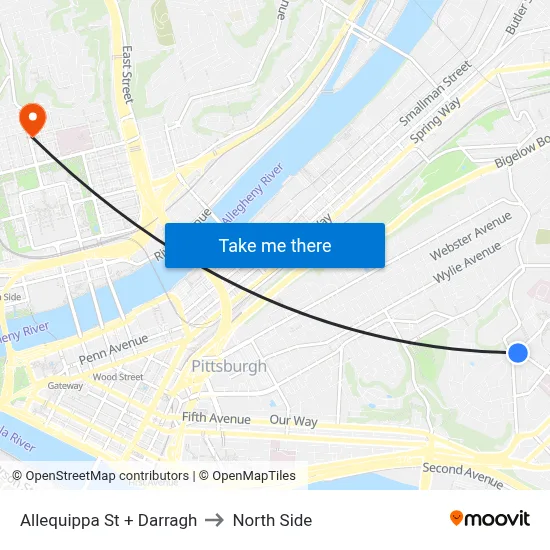Allequippa St + Darragh to North Side map