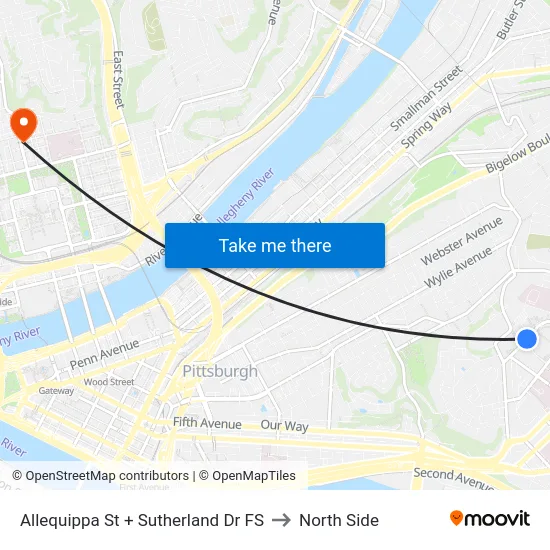 Allequippa St + Sutherland Dr FS to North Side map