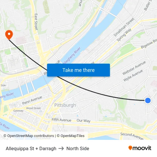 Allequippa St + Darragh to North Side map