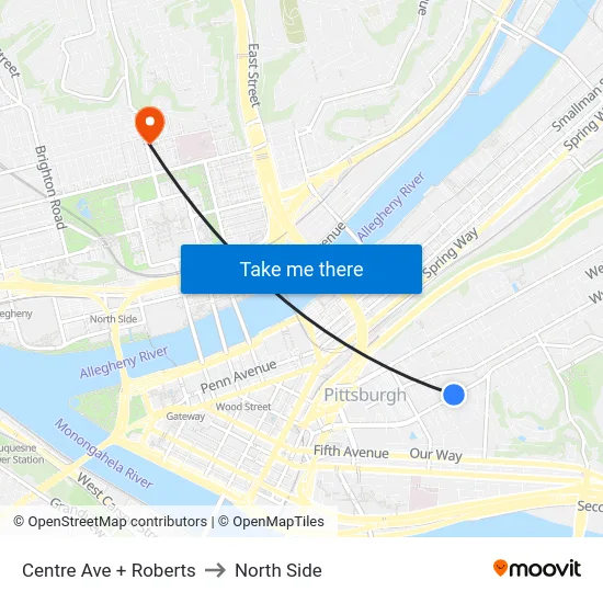 Centre Ave + Roberts to North Side map