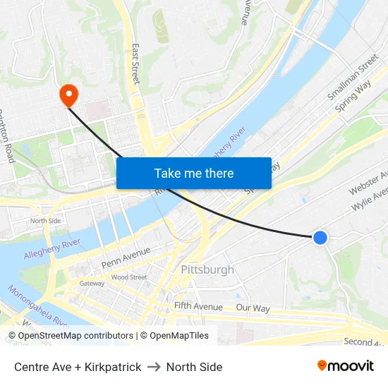 Centre Ave + Kirkpatrick to North Side map