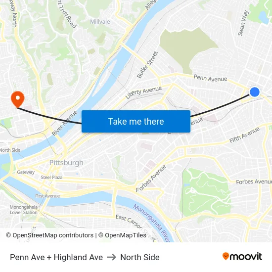 Penn Ave + Highland Ave to North Side map