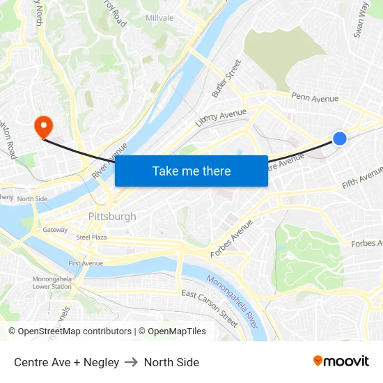 Centre Ave + Negley to North Side map