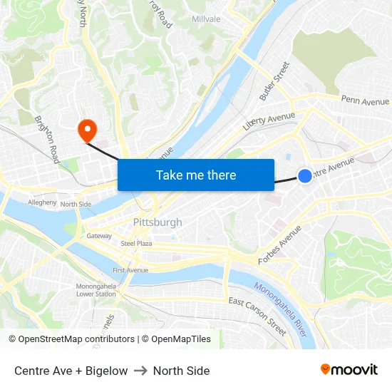 Centre Ave + Bigelow to North Side map