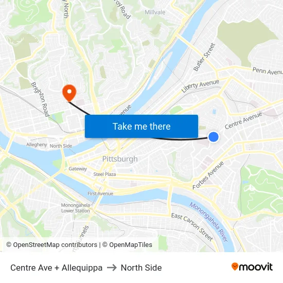 Centre Ave + Allequippa to North Side map