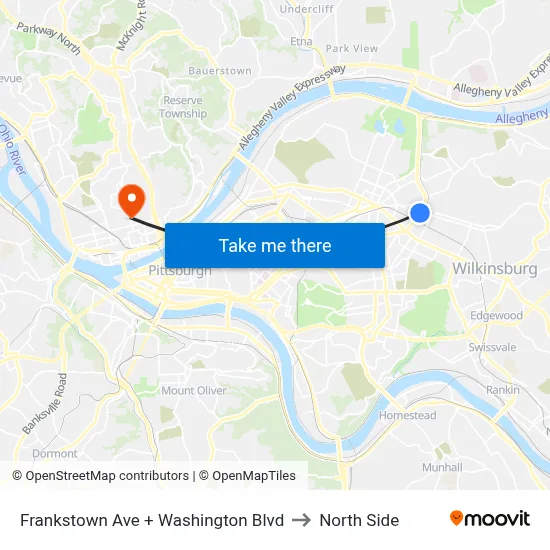 Frankstown Ave + Washington Blvd to North Side map