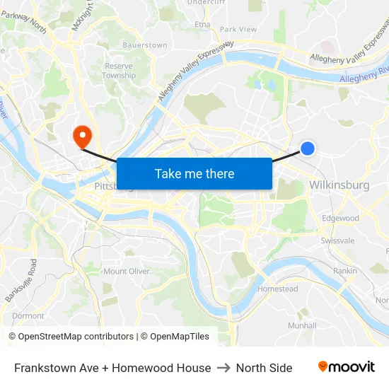 Frankstown Ave + Homewood House to North Side map