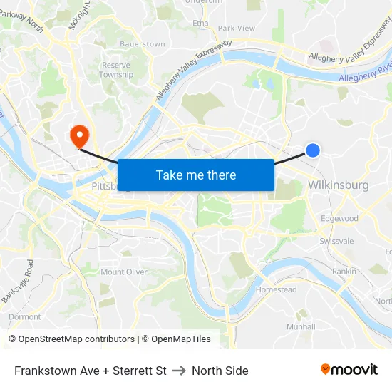 Frankstown Ave + Sterrett St to North Side map