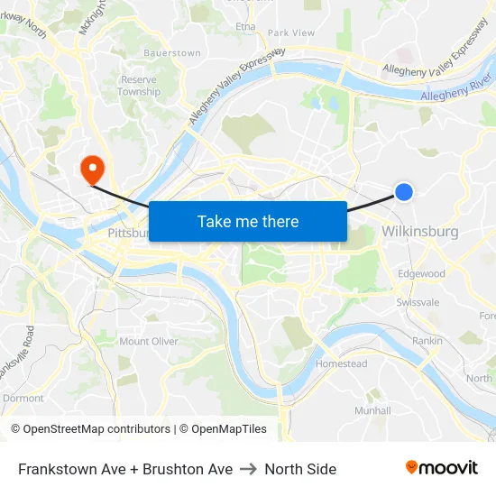 Frankstown Ave + Brushton Ave to North Side map