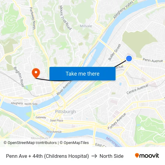 Penn Ave + 44th (Childrens Hospital) to North Side map