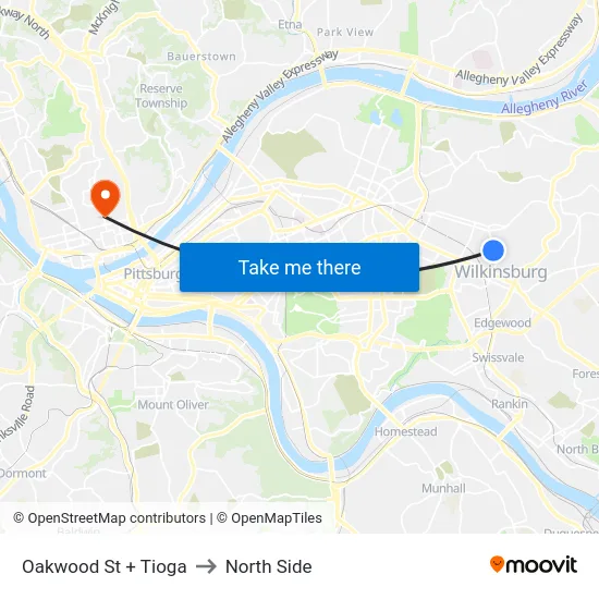 Oakwood St + Tioga to North Side map
