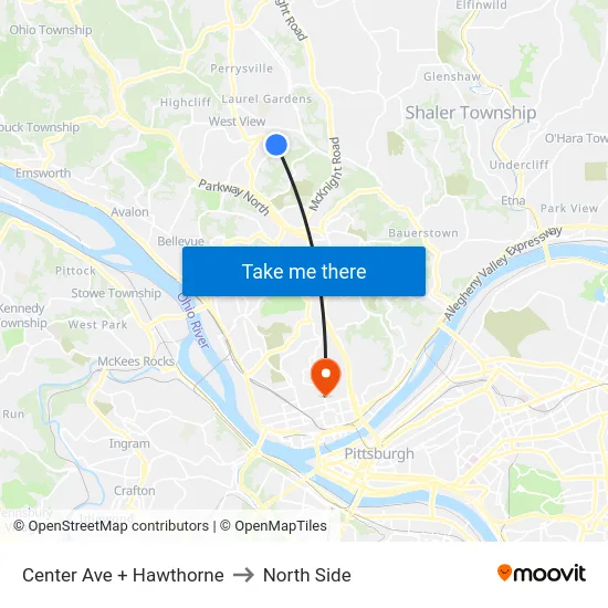 Center Ave + Hawthorne to North Side map