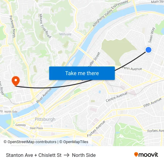 Stanton Ave + Chislett St to North Side map