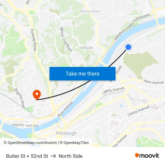 Butler St + 52nd St to North Side map