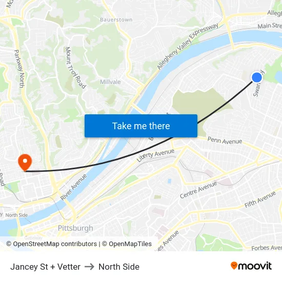 Jancey St + Vetter to North Side map
