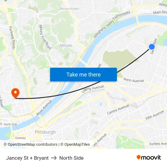Jancey St + Bryant to North Side map
