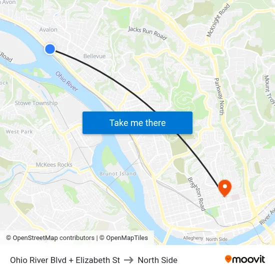 Ohio River Blvd + Elizabeth St to North Side map