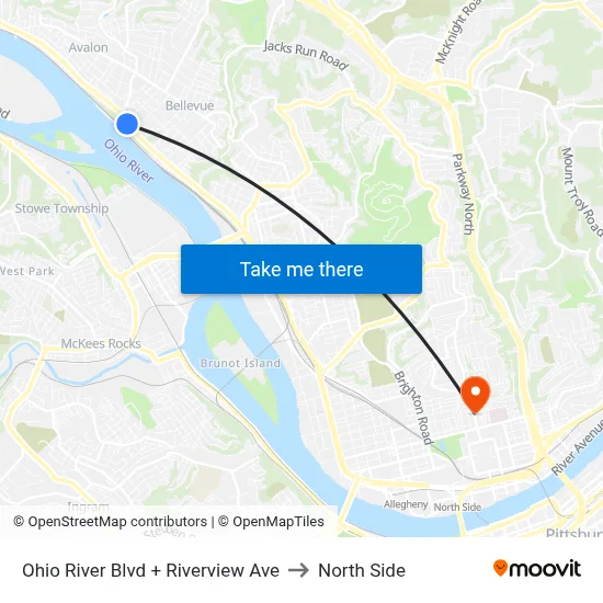 Ohio River Blvd + Riverview Ave to North Side map
