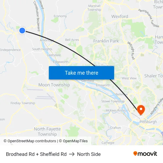 Brodhead Rd + Sheffield Rd to North Side map