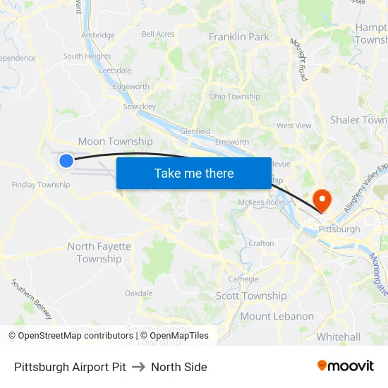 Pittsburgh Airport Pit to North Side map