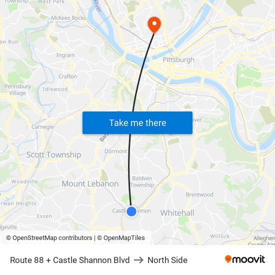 Route 88 + Castle Shannon Blvd to North Side map