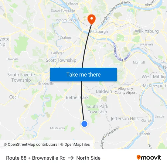 Route 88 + Brownsville Rd to North Side map