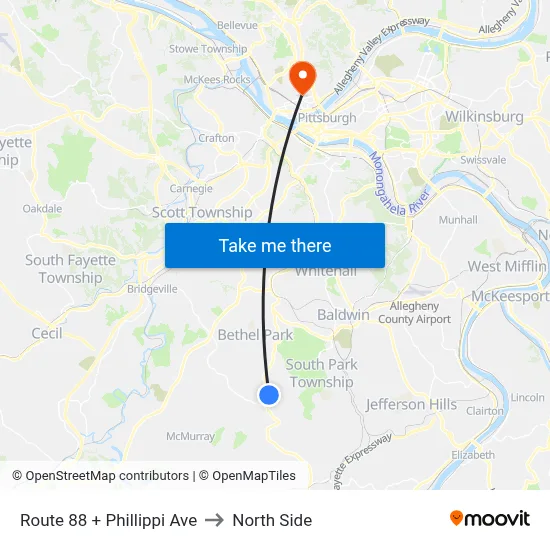 Route 88 + Phillippi Ave to North Side map