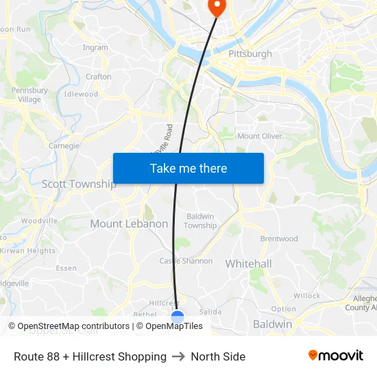 Route 88 + Hillcrest Shopping to North Side map