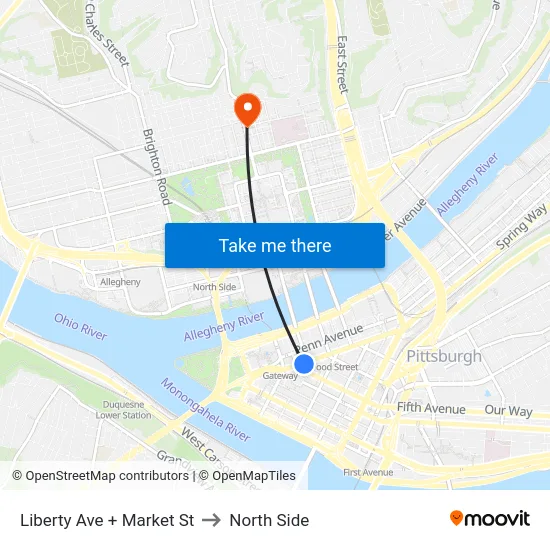 Liberty Ave + Market St to North Side map