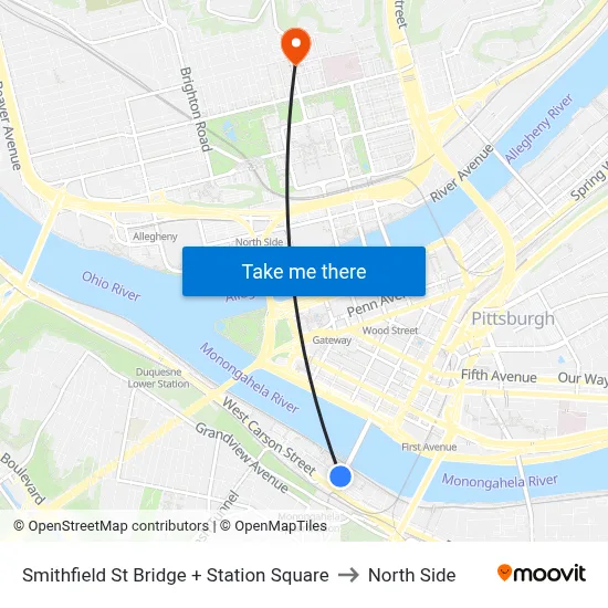 Smithfield St Bridge + Station Square to North Side map