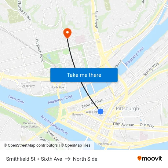 Smithfield St + Sixth Ave to North Side map