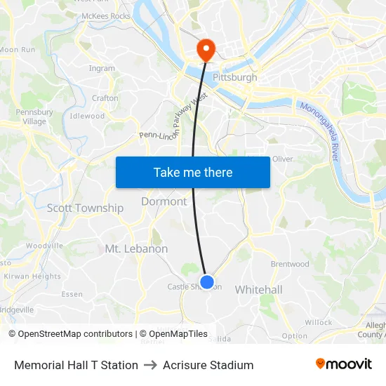 Memorial Hall T Station to Acrisure Stadium map