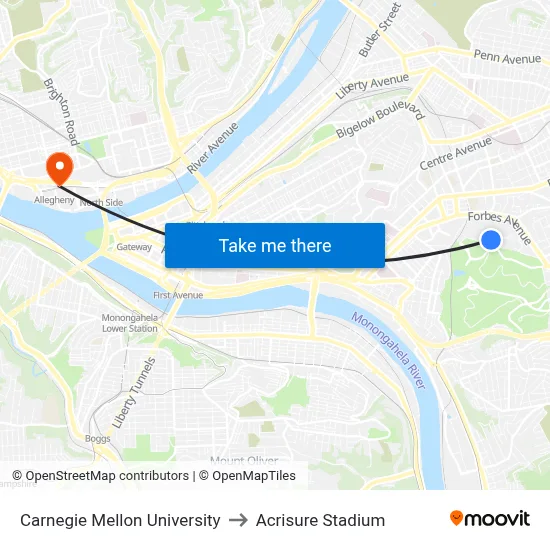 Carnegie Mellon University to Acrisure Stadium map