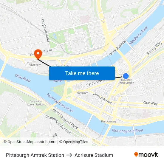 Pittsburgh Amtrak Station to Acrisure Stadium map