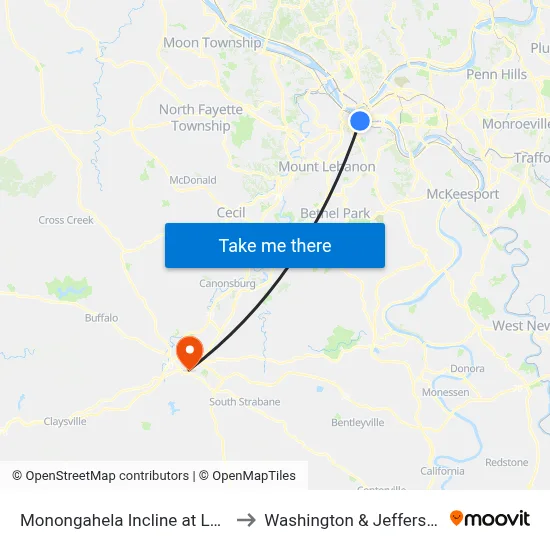 Monongahela Incline at Lower Station to Washington & Jefferson College map