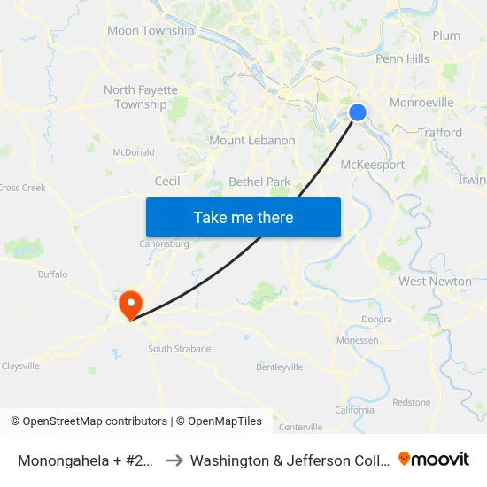 Monongahela + #2129 to Washington & Jefferson College map