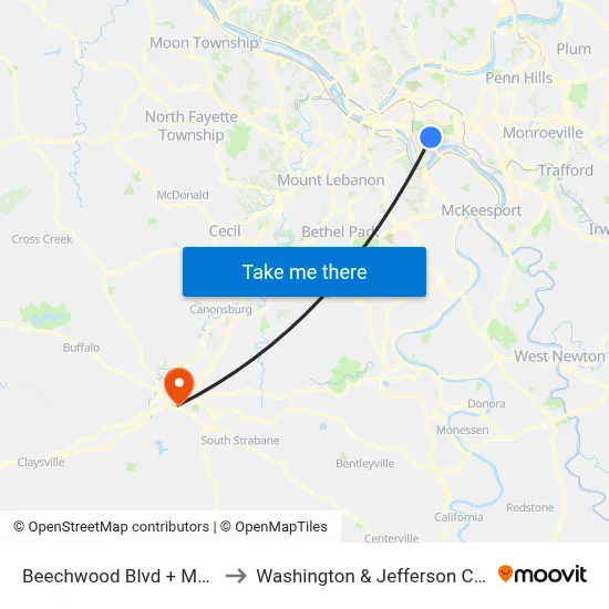 Beechwood Blvd + Monitor to Washington & Jefferson College map