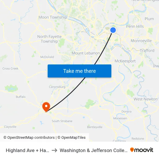 Highland Ave + Hays to Washington & Jefferson College map