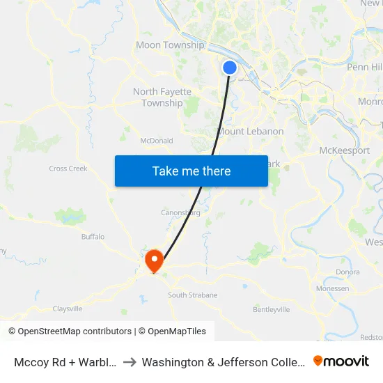 Mccoy Rd + Warbler to Washington & Jefferson College map
