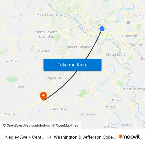 Negley Ave + Centre to Washington & Jefferson College map