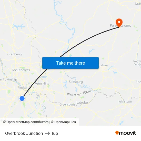 Overbrook Junction to Iup map