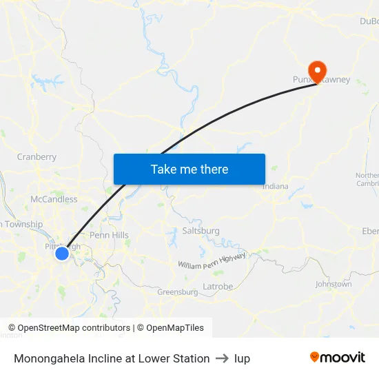 Monongahela Incline at Lower Station to Iup map