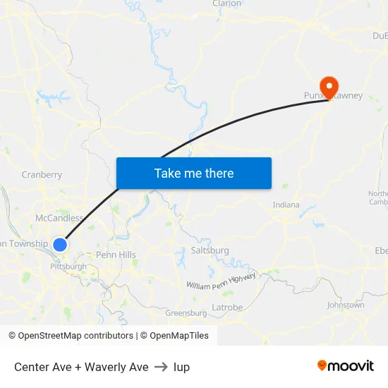 Center Ave + Waverly Ave to Iup map