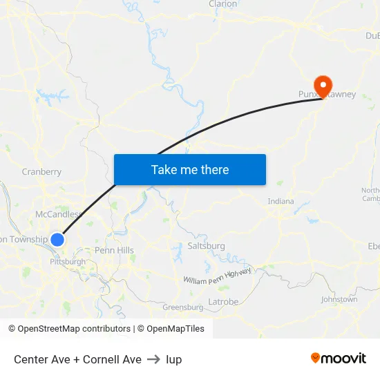 Center Ave + Cornell Ave to Iup map