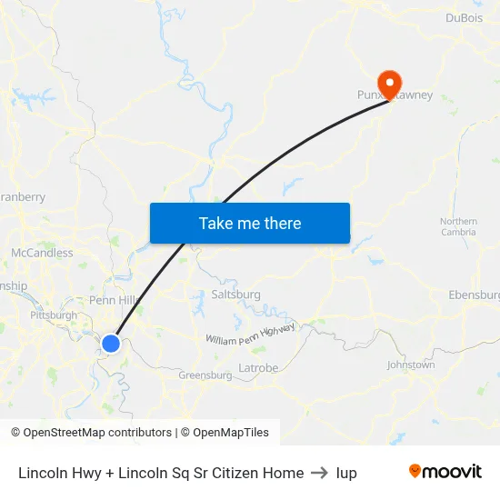 Lincoln Hwy + Lincoln Sq Sr Citizen Home to Iup map