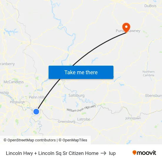 Lincoln Hwy + Lincoln Sq Sr Citizen Home to Iup map