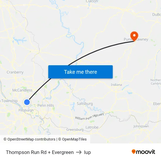 Thompson Run Rd + Evergreen to Iup map
