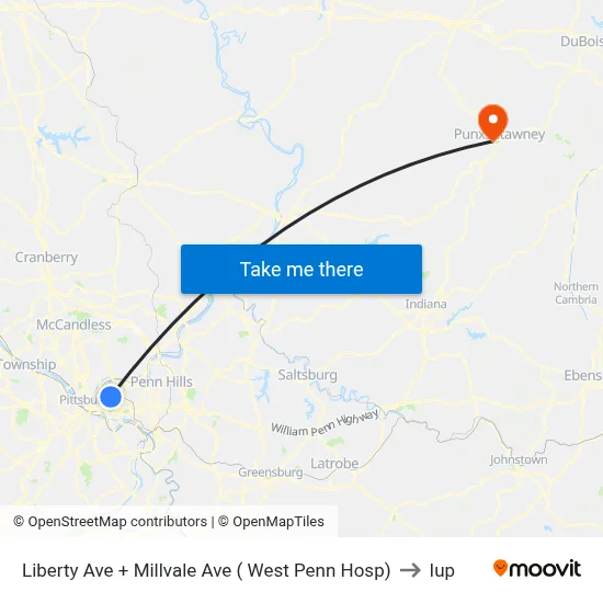 Liberty Ave + Millvale Ave ( West Penn Hosp) to Iup map