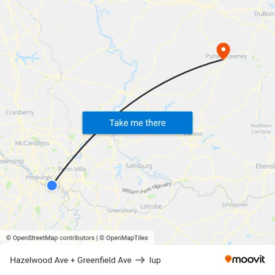 Hazelwood Ave + Greenfield Ave to Iup map